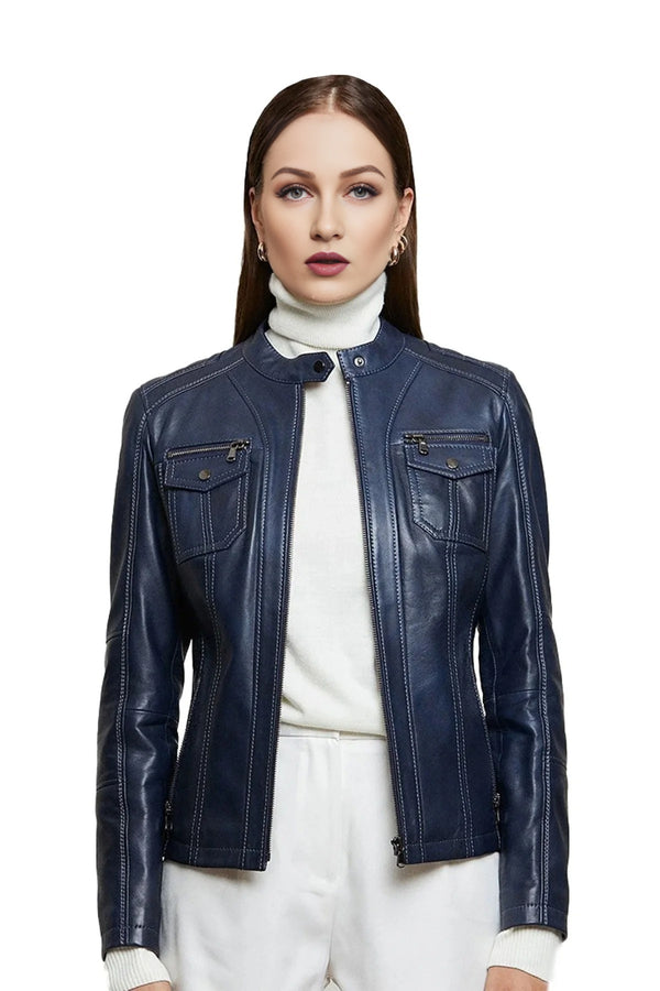 Stephanie Fit Blue Leather Jacket For Women