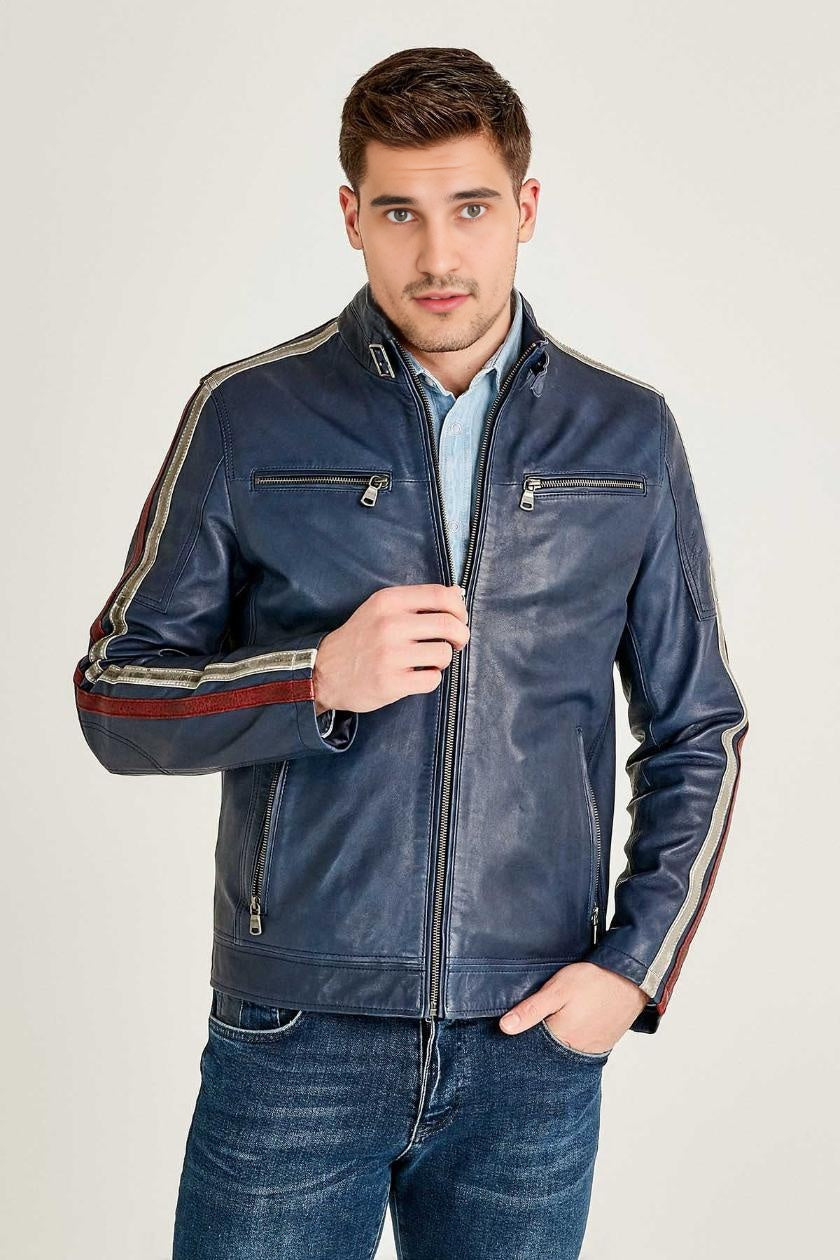 Daytona Blue Cafe Racer leather Jacket For Men