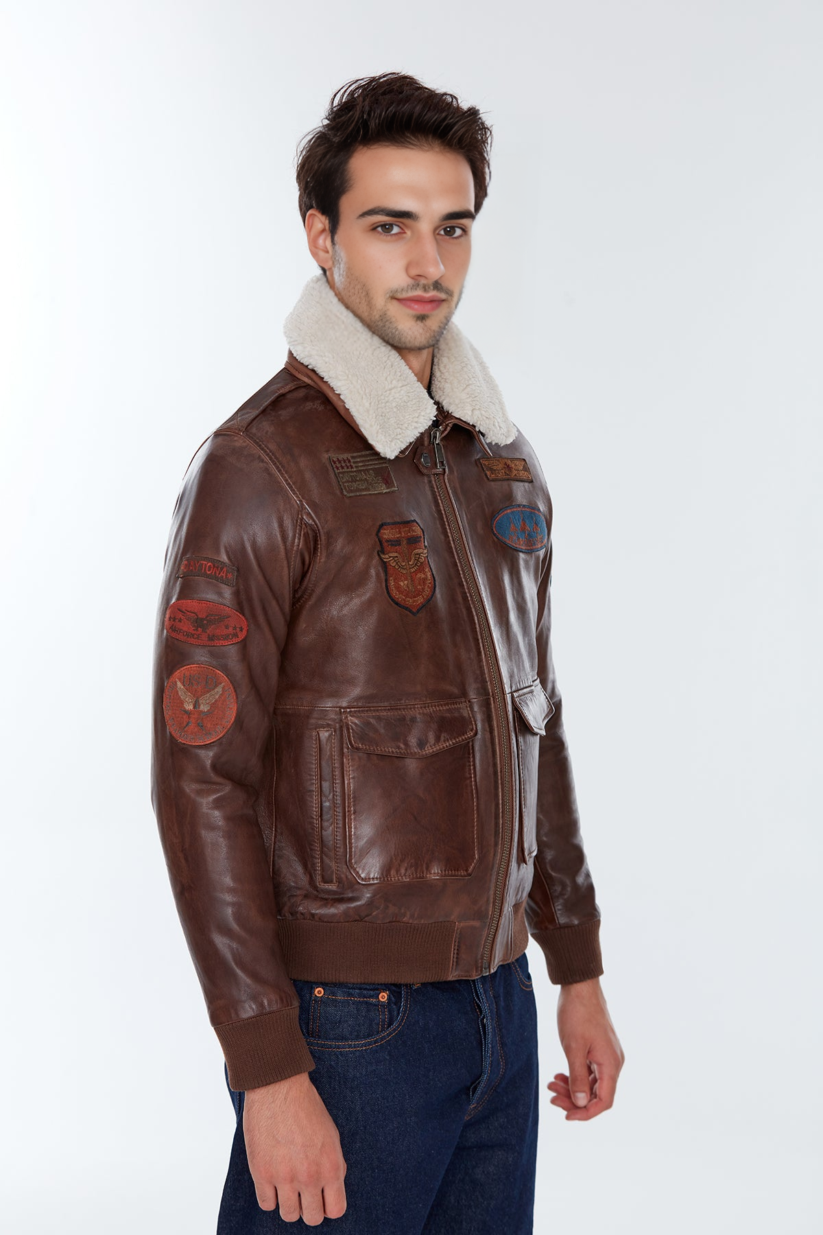 Maverick Pilot Fur Collar with Emblem Brown Leather Jacket For Men
