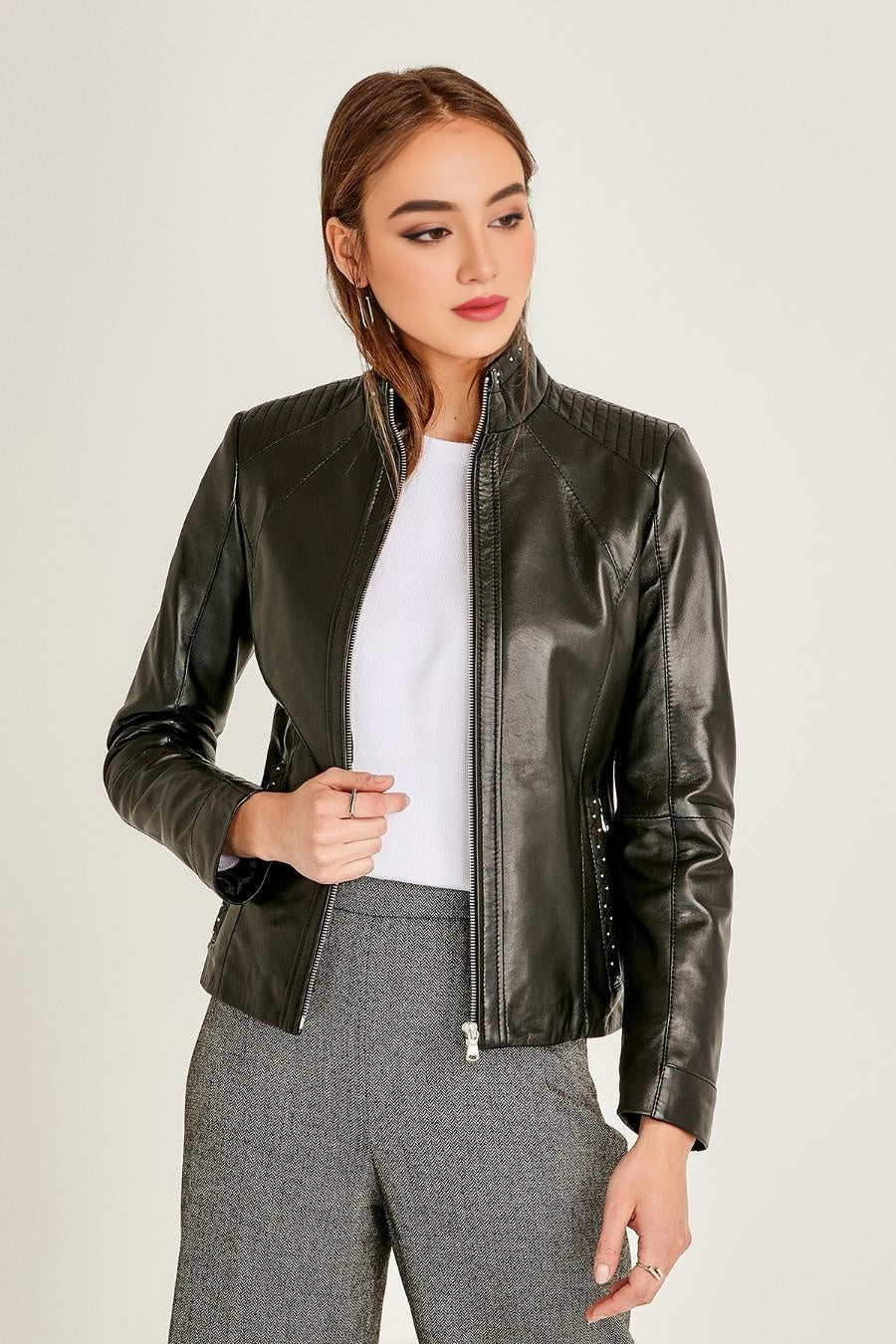 Rhinestone Motor Biker Racer Black Leather Jacket For Women