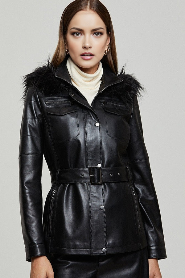 Women Black Leather Jacket With Stylish Hood