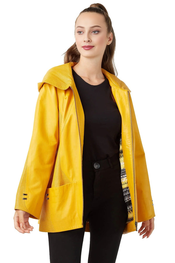 Rihanna Yellow Leather Coat With Hood For Women