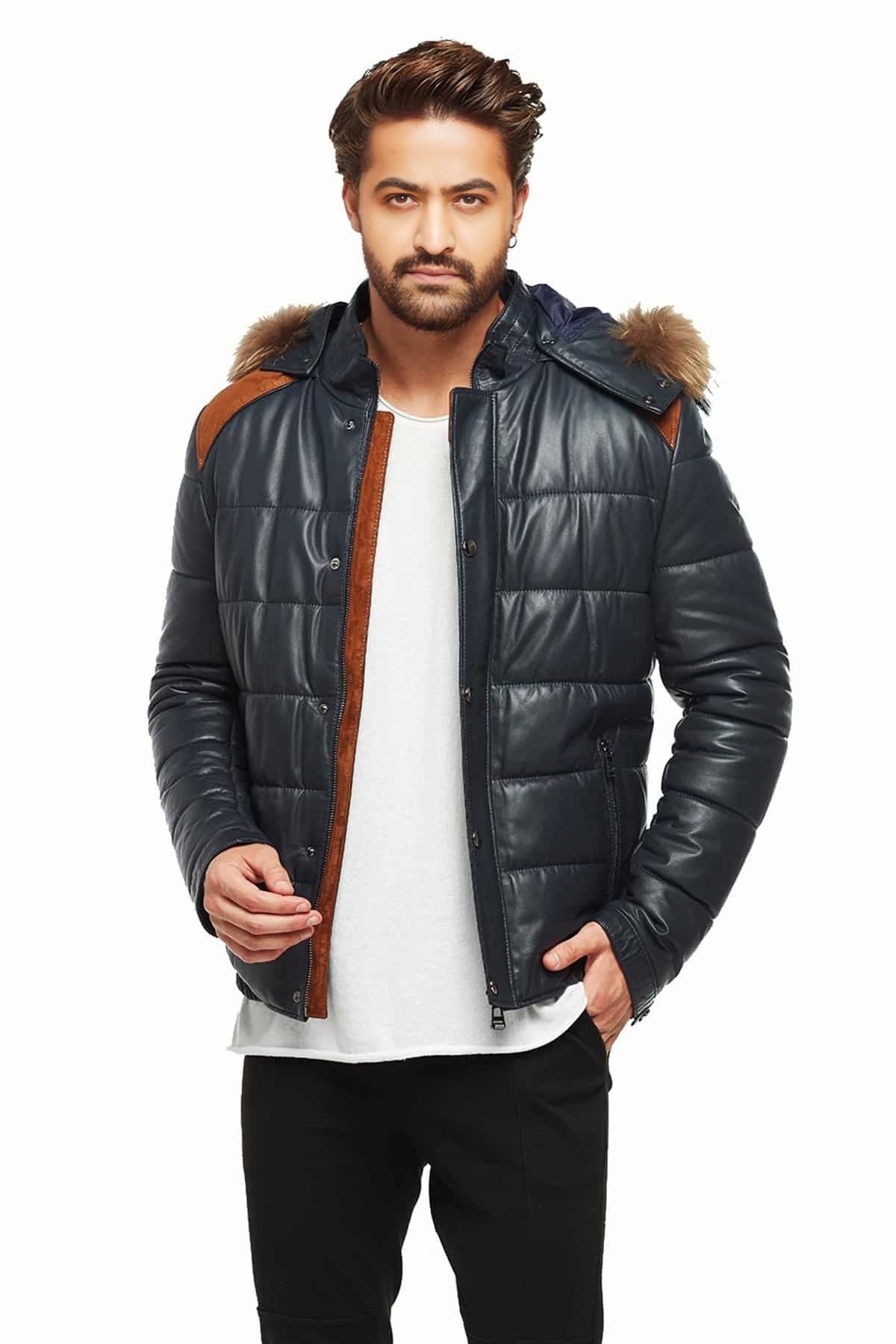 Edward Men Black Puffer Leather Jacket With Fur Hood