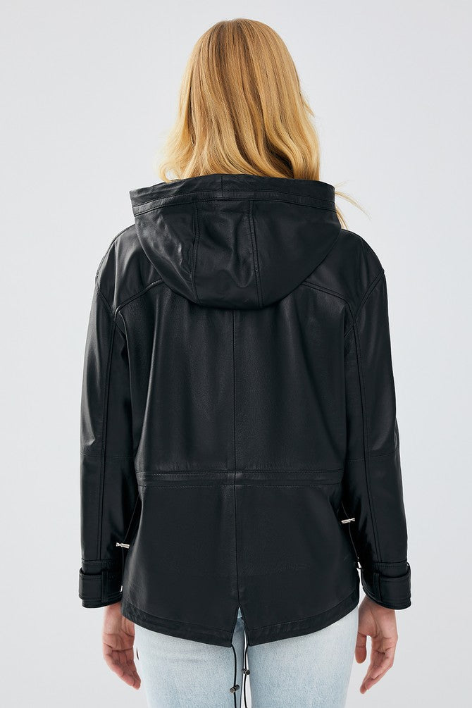 Martha Black Hooded Leather Jacket For Women