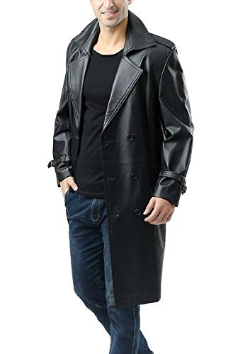 Black Trench Distressed Leather Coat For Men