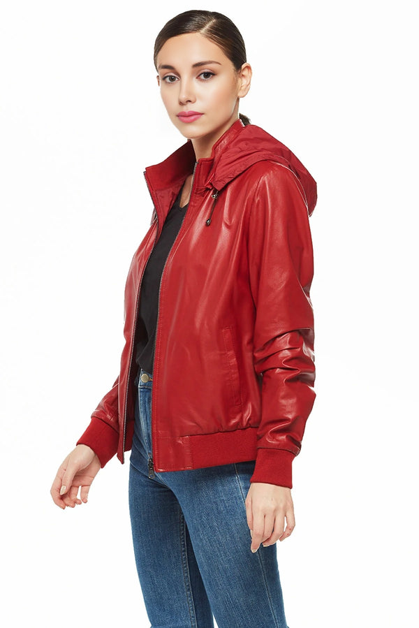 Alison Red Bomber Leather Jacket with Hood For Women