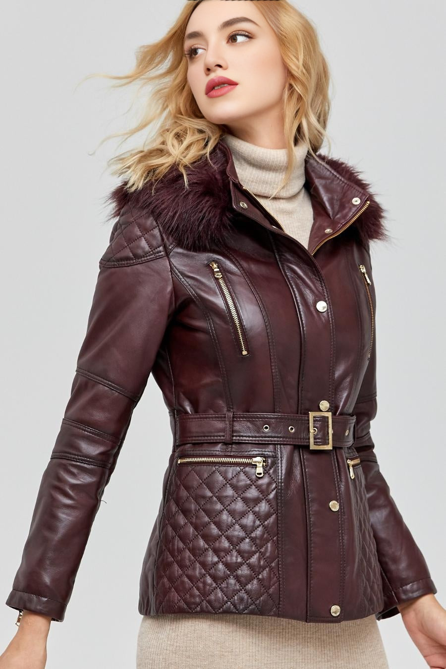 Flamboyant Brown Leather Jacket With Fur Hood And Center Belt For Women