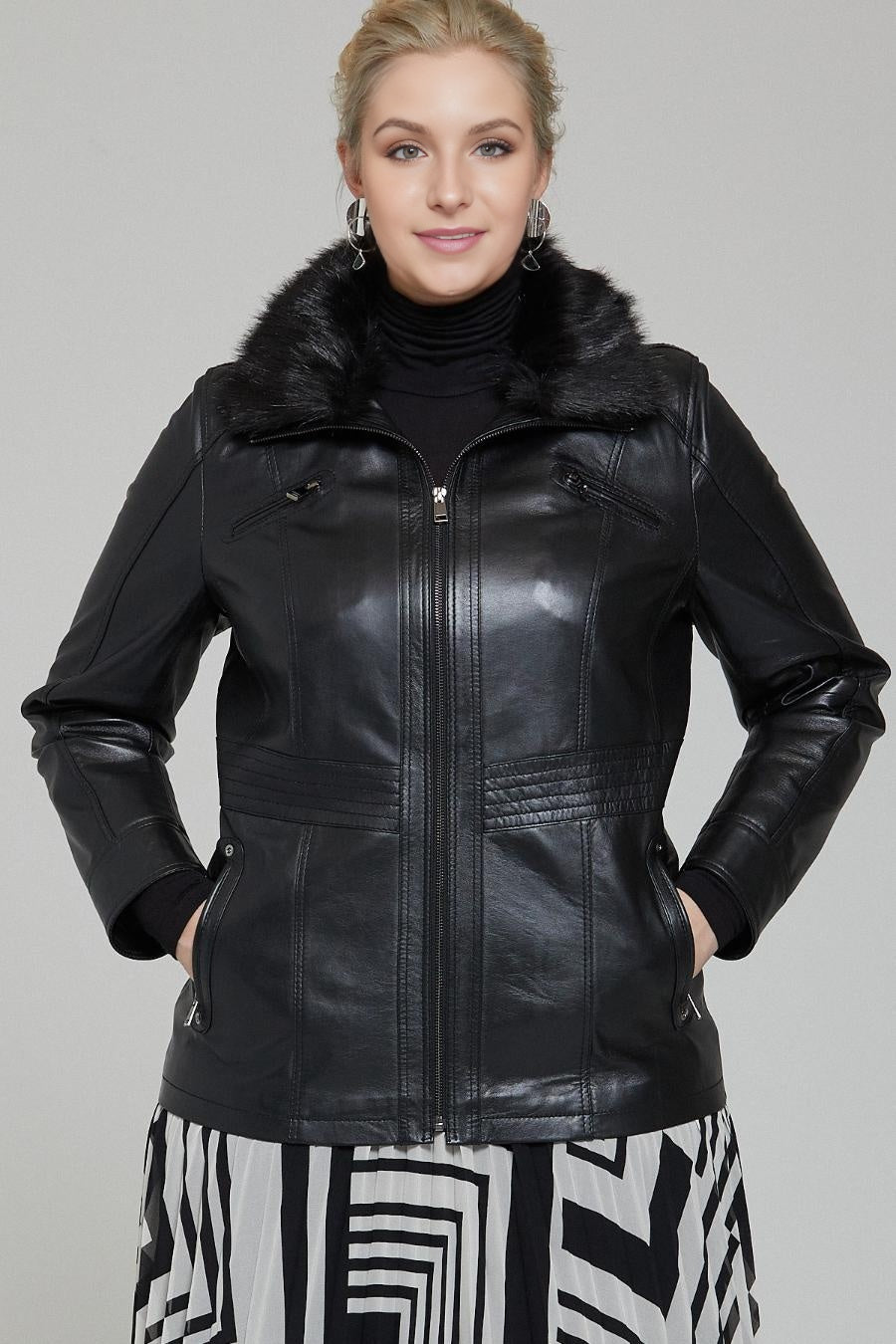 Morgan fur Collar Black Leather Jacket For Women