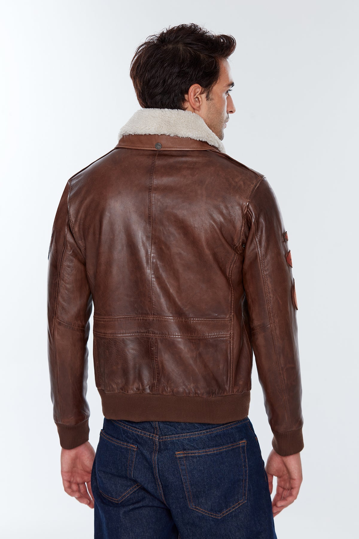 Maverick Pilot Fur Collar with Emblem Brown Leather Jacket For Men