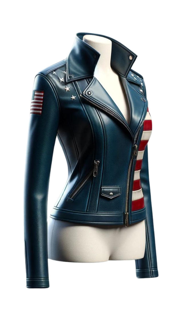 Women Blue Leather Jacket with American Flag