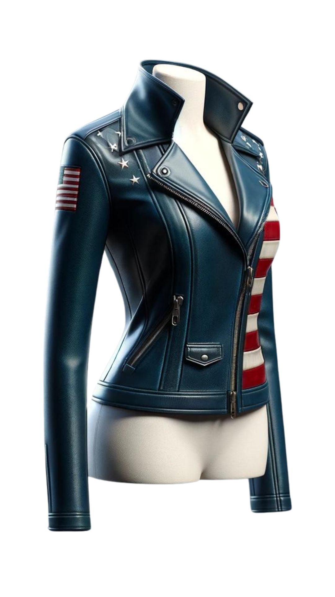 Women Blue Leather Jacket with American Flag