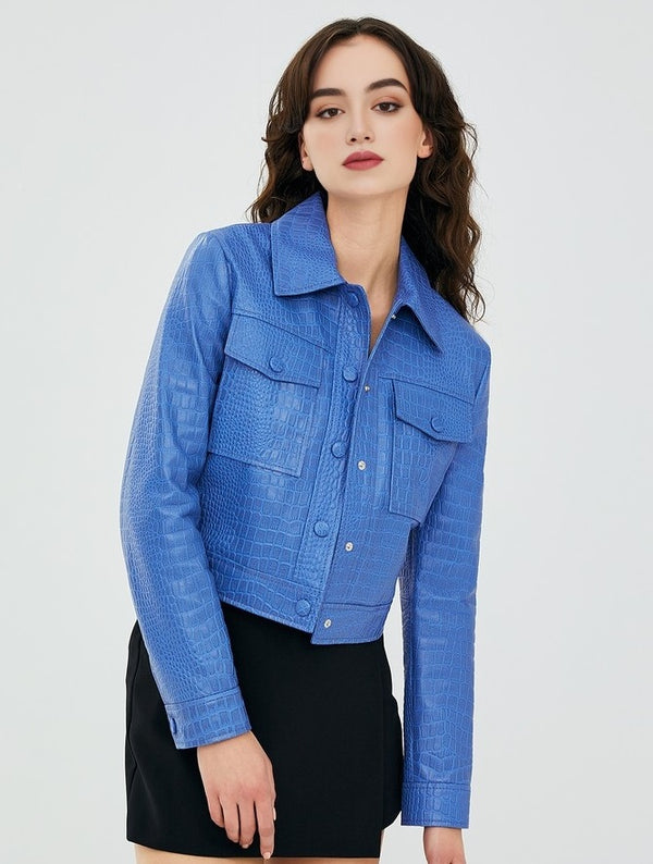 Blue Tina Leather Jacket For Women's