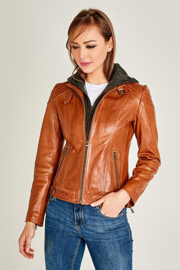 Vegas Stylish Brown Leather Hoodie Jacket For Women
