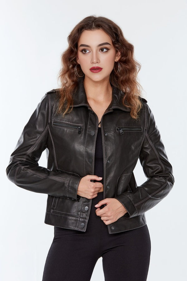 Emma Black Leather Jacket For Women's