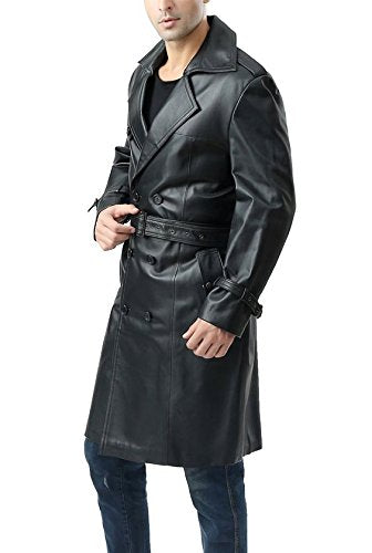 Black Trench Distressed Leather Coat For Men