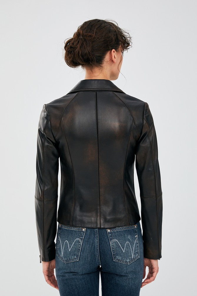 Natalie Distressed Black Waxed Sheepskin Leather Jacket