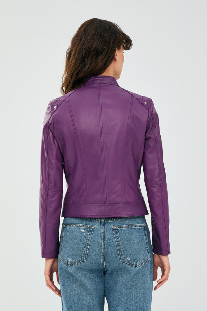 Purple Stylish Motor Bike Leather Jacket For Women