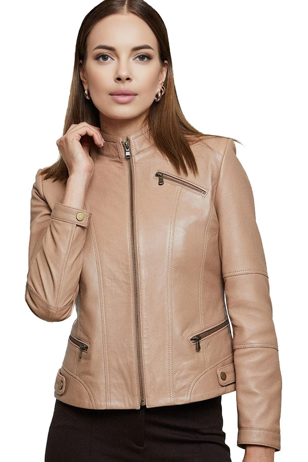 Leona Fossil Tan Leather Jacket For Women