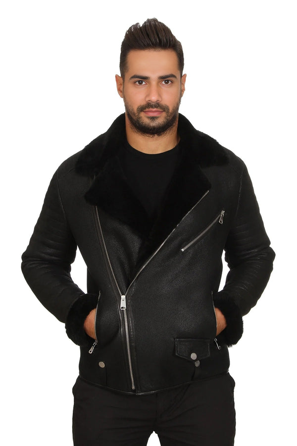 Theodore Black Fur Collar Leather Jacket For Men