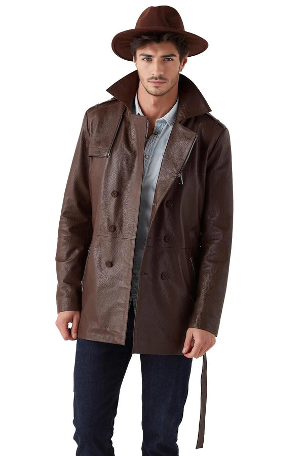 Thor Brown Trench Leather Coat For Men