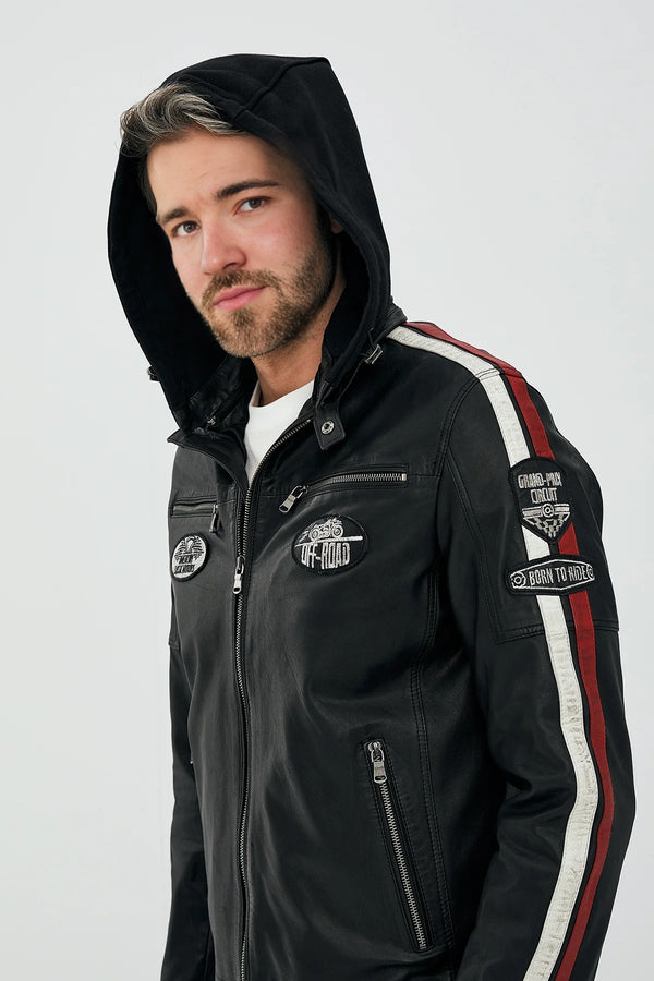 Rock Black Stylish Leather Jacket With Hoodie For Men