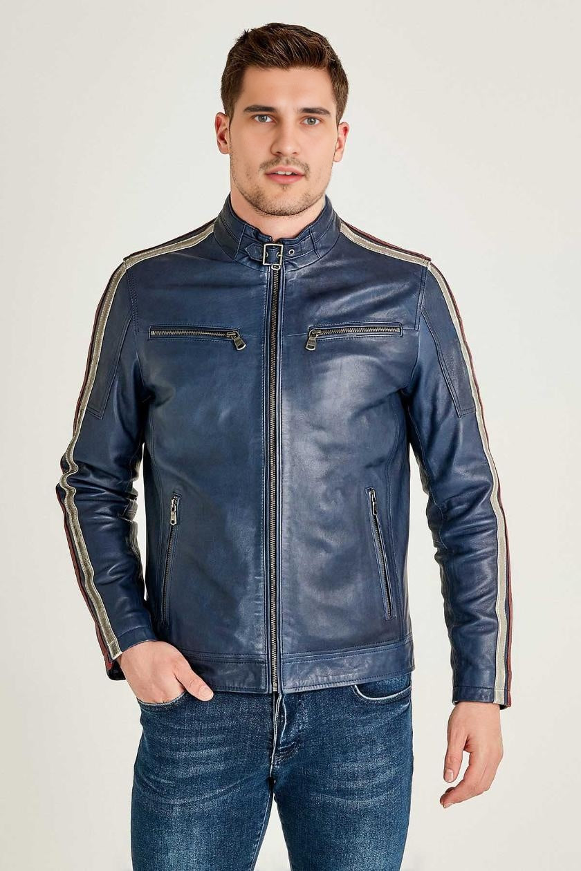Daytona Blue Cafe Racer leather Jacket For Men