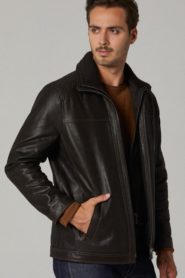 Rib-stitched Long Leather Jacket for Men - Dark Brown