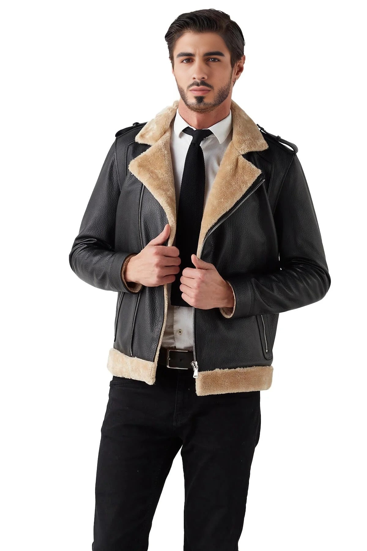 Ezekiel Black Fur Blazer Leather Jacket For Men