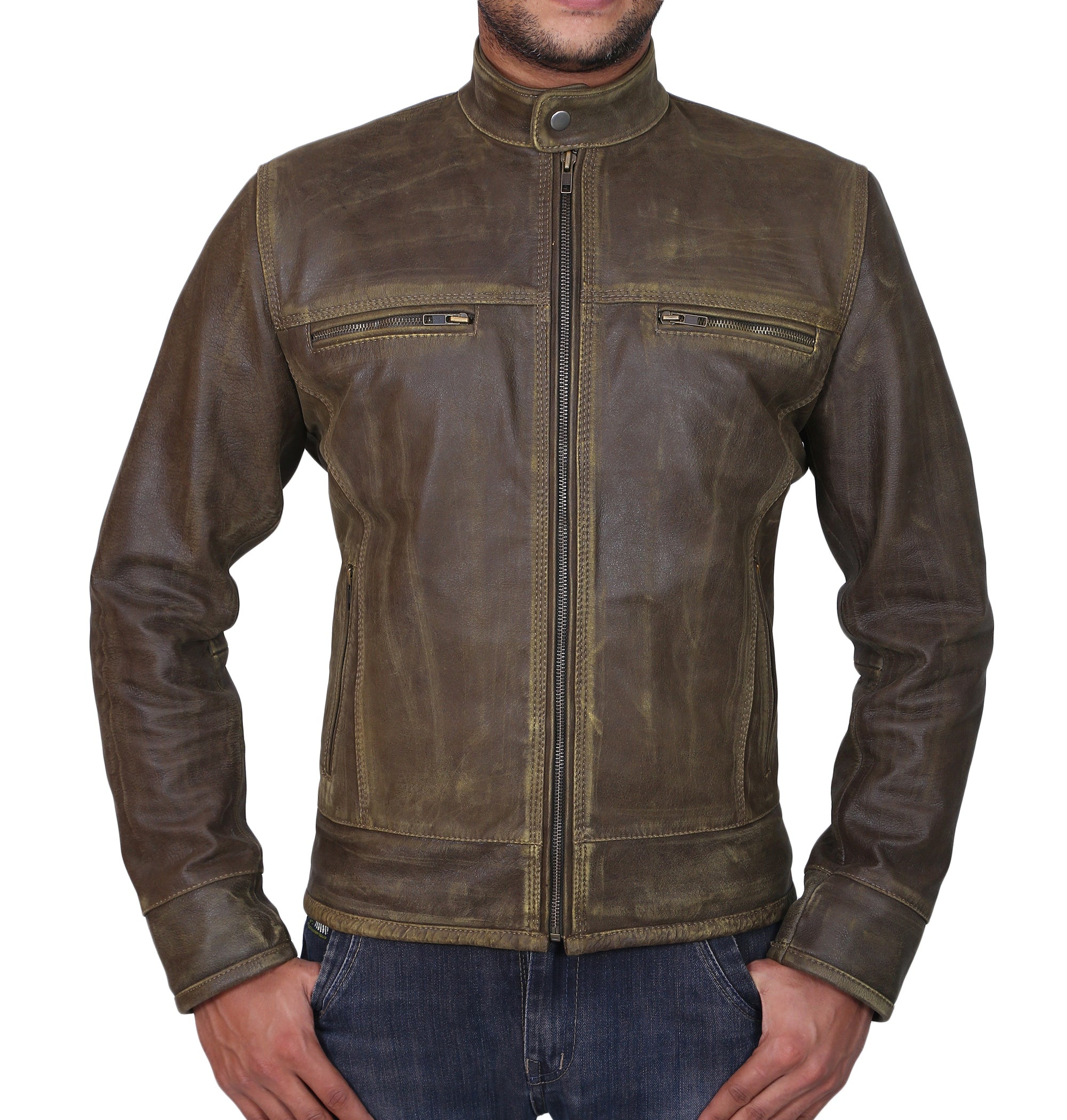 Triple Stitch Brown Leather Jacket For Men