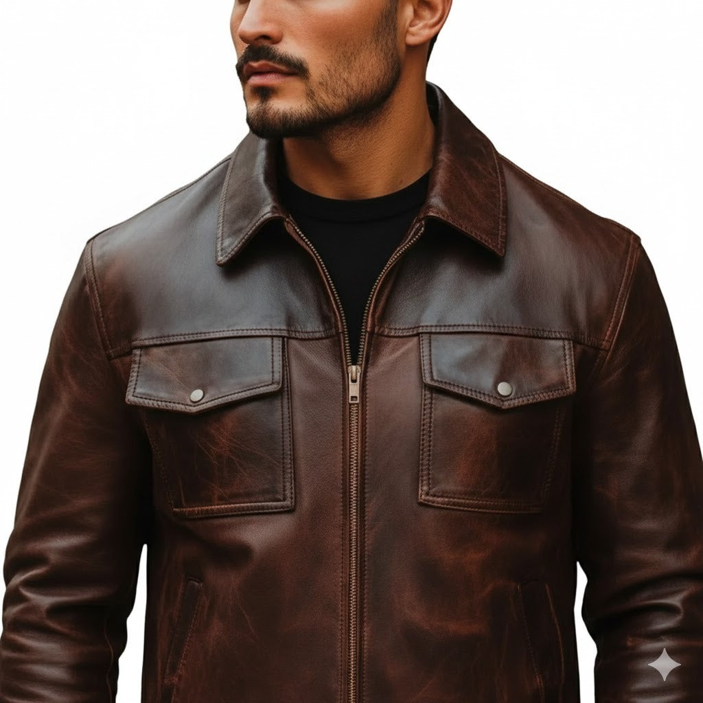 Men's Vintage Distressed Brown Leather Jacket