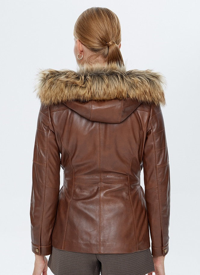 Women Waxed Brown Leather Coat With Fur Hood