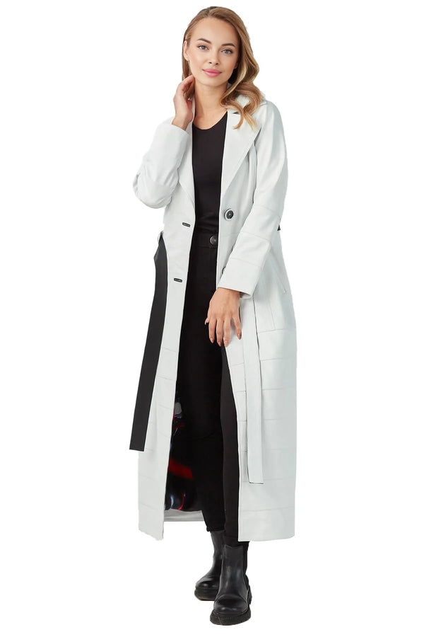 Natalia White Long Leather Coat For Women