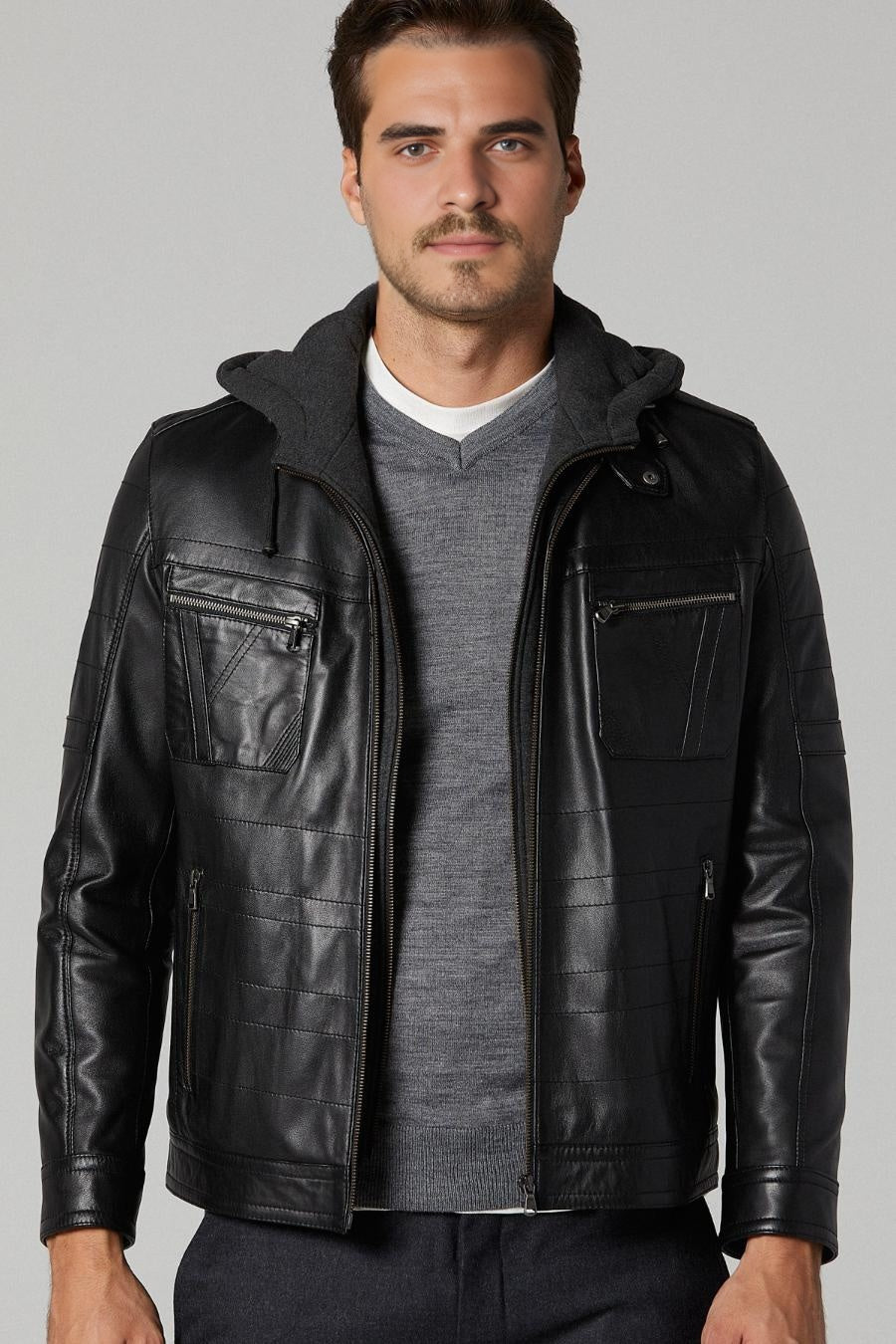 Winter Black Hoodie Leather Jacket For Men