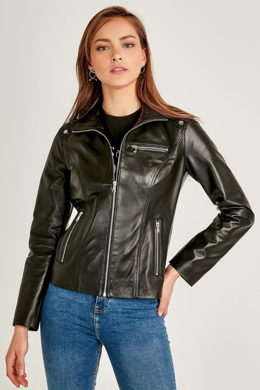 Patricia Stylish Collar Black Leather Jacket For Women