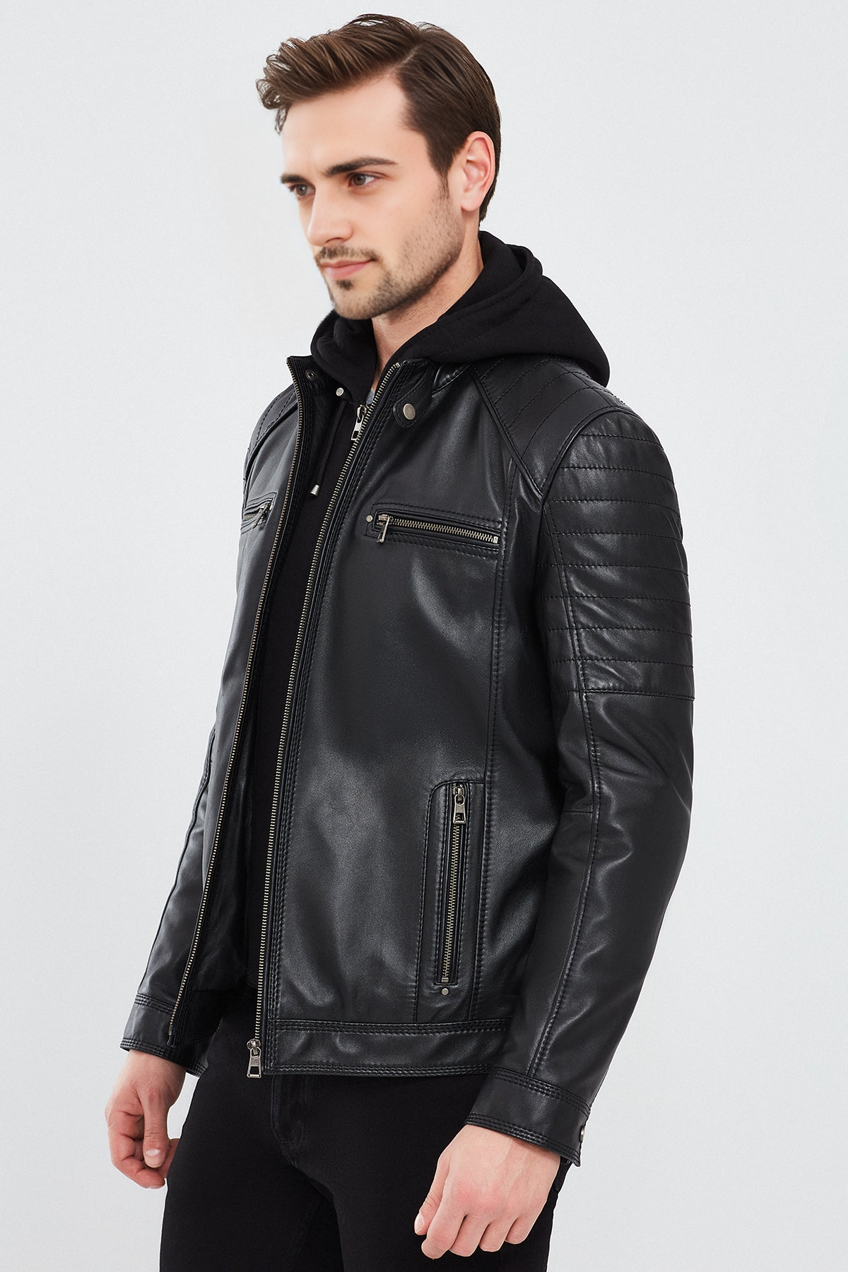 Sergio Black Sports Hooded Leather Jacket For Men