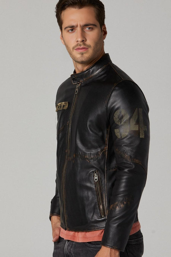 Trendy Distressed Black Leather Jacket For Men