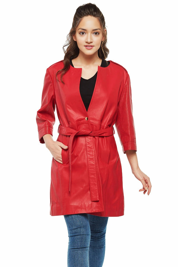 Lauren Red Center Belt Women Leather Coat