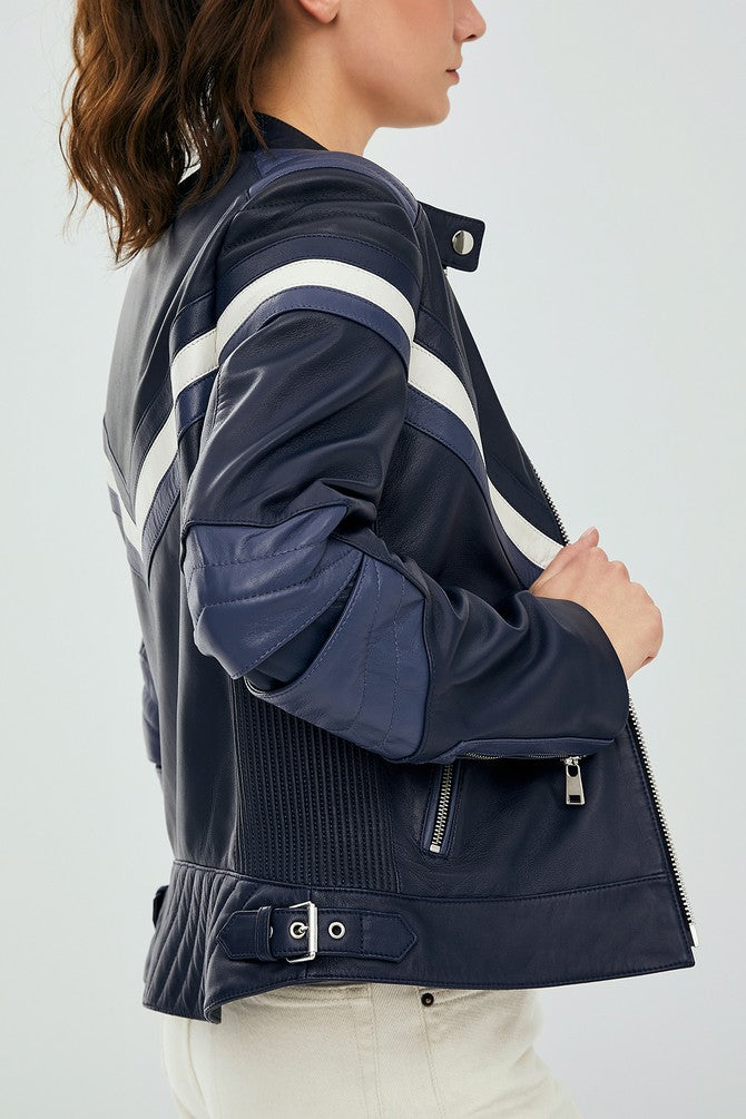 Jennifer Women Blue Stylish Biker Leather Jacket