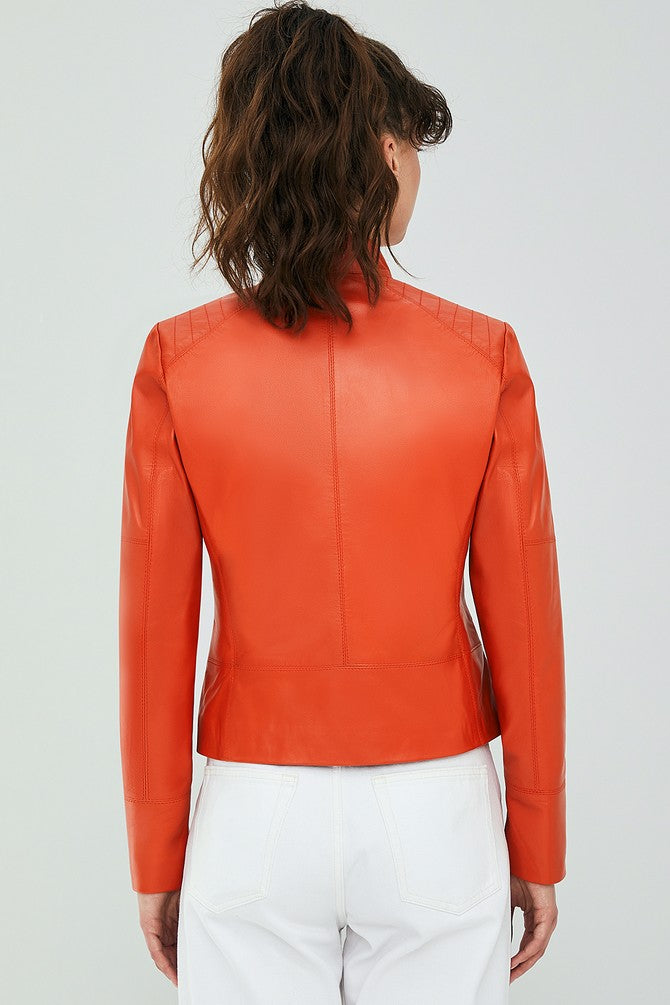 Mariahkay Orange Leather Jacket For Women