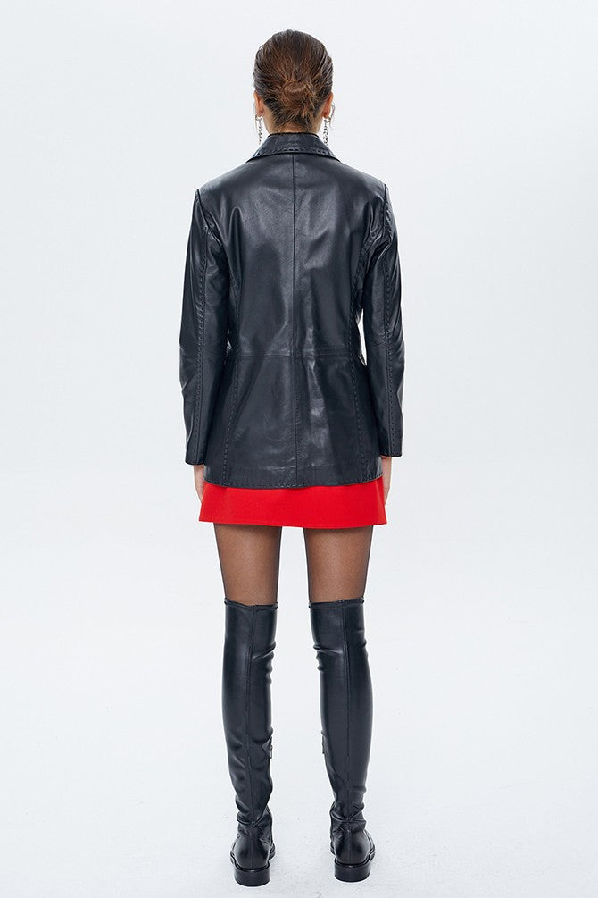 Black Barbara Blazer Leather Jacket For Women
