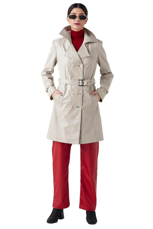 Women White High Collar Leather Coat