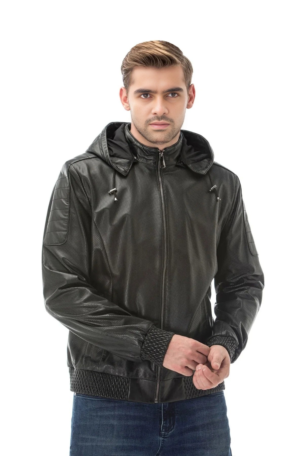 Winston Black Hooded Leather Jacket For Men