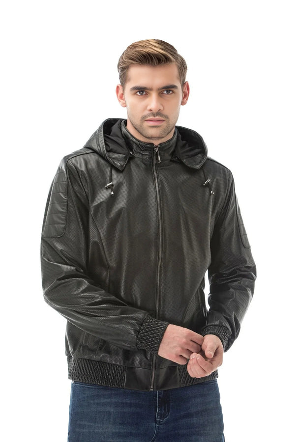 Winston Black Hooded Leather Jacket For Men