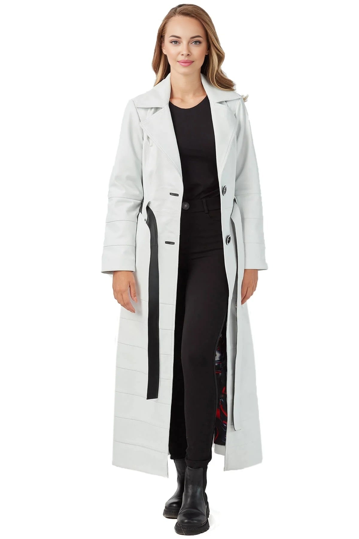 Natalia White Long Leather Coat For Women