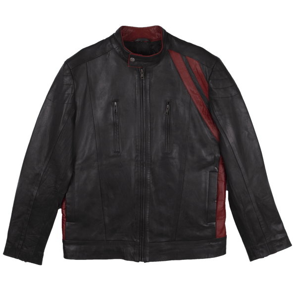 Cafe Racer Black Leather Jacket with red stripe For Men