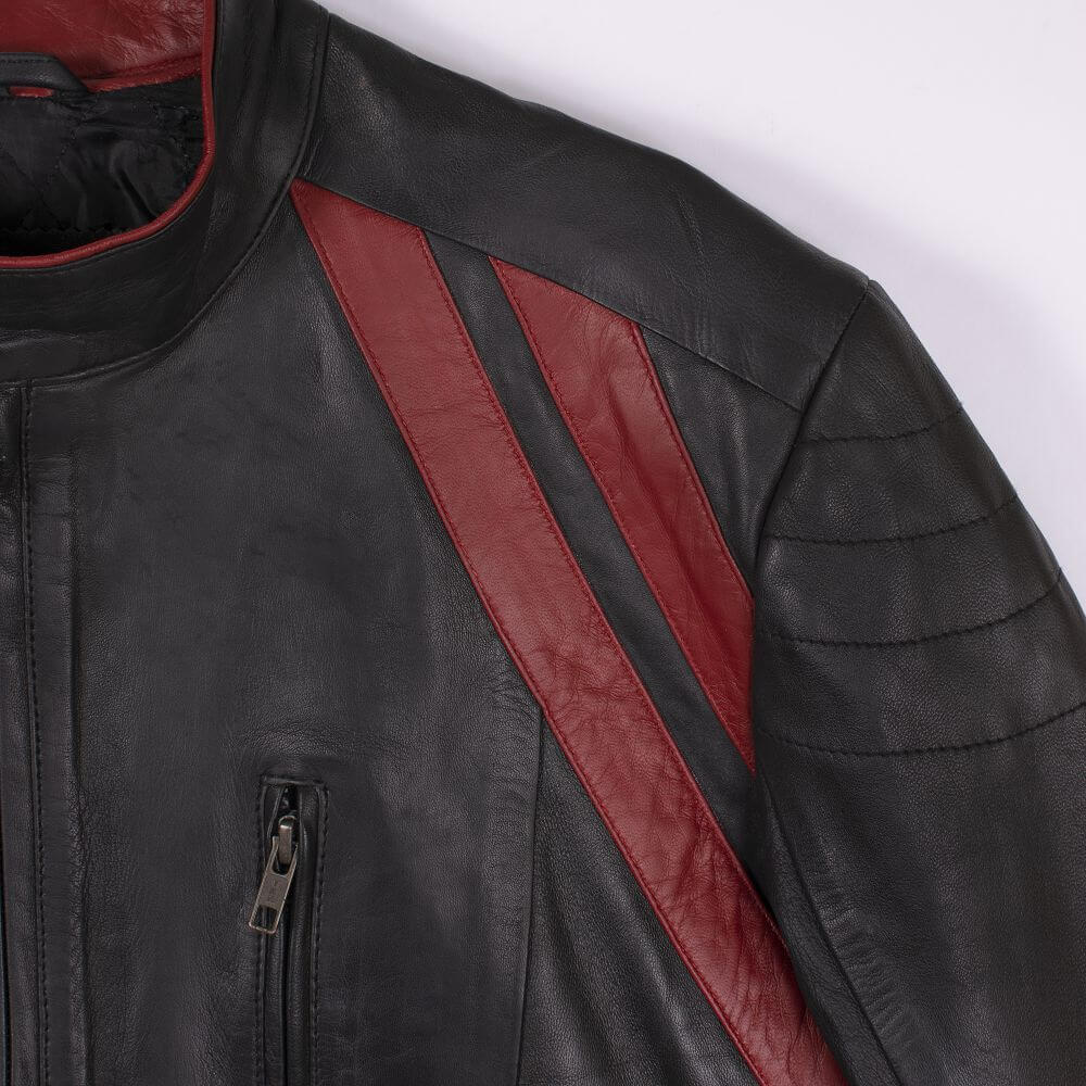 Cafe Racer Black Leather Jacket with red stripe For Men