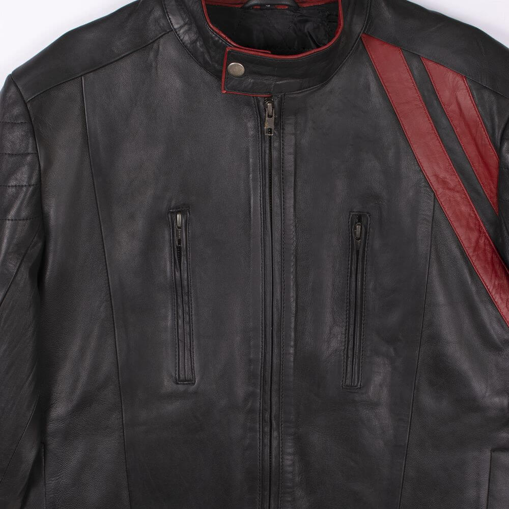 Cafe Racer Black Leather Jacket with red stripe For Men