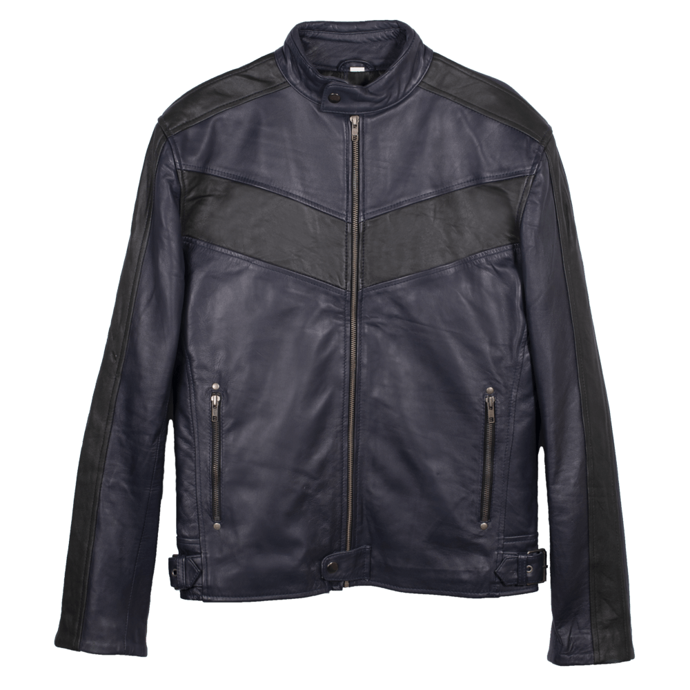 Navy Blue Distressed Leather Jacket For Men