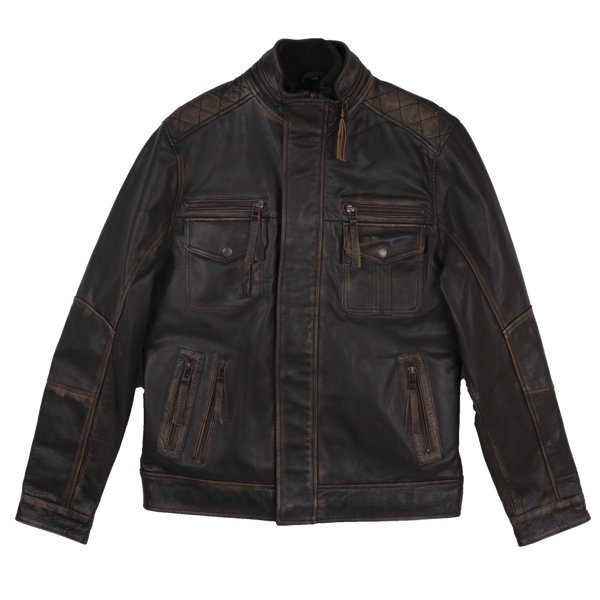 Distressed Black Leather Jacket With Double Collar For Men
