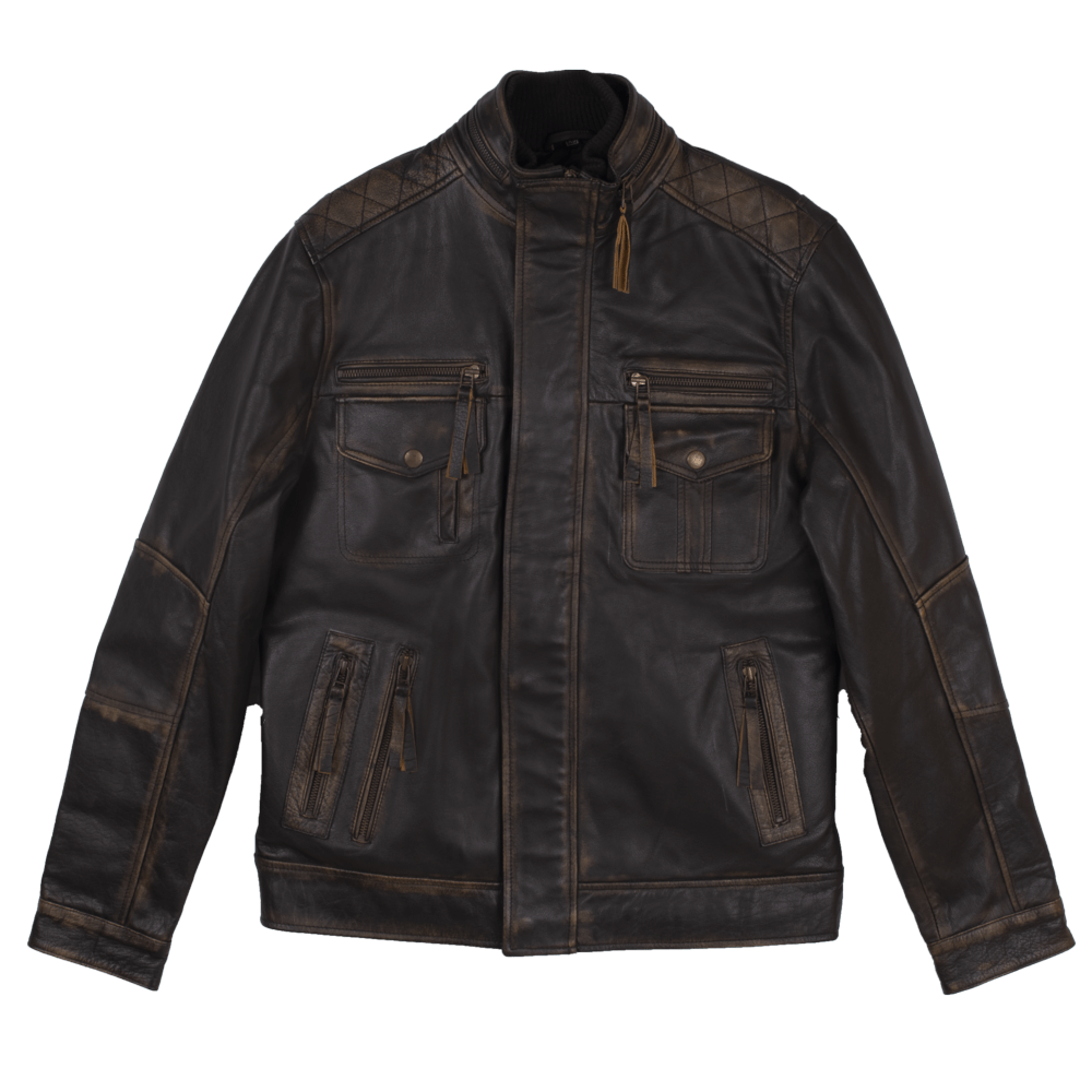 Distressed Black Leather Jacket With Double Collar For Men